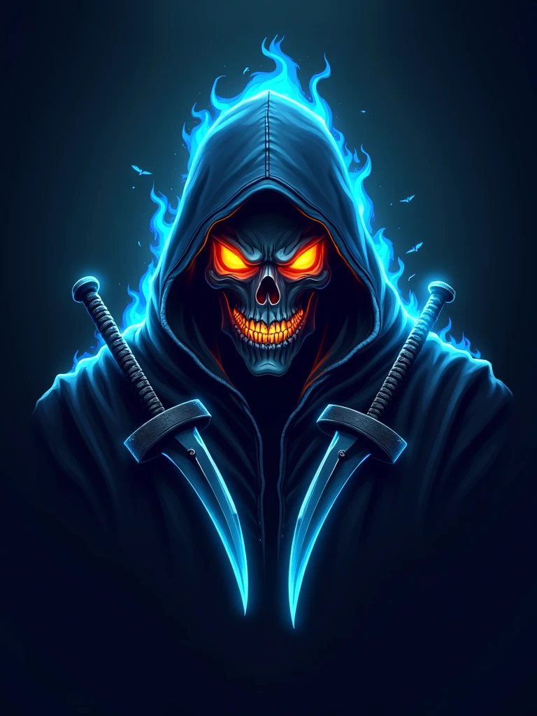 a heavily detailed dark fantasy esports logo, a menacing skull with glowing golden eyes and a sinister grin, shrouded in a tattered dark blue hooded cloak made of mystical flowing energy, ghostly ethereal with vibrant blue-dark highlights, two curved sharp “crossed karambit” knives from CS:GO partially visible beneath the cloak, powerful aggressive competitive spirit, deep blues blacks vibrant gold white highlights, strong mysterious fierce identity