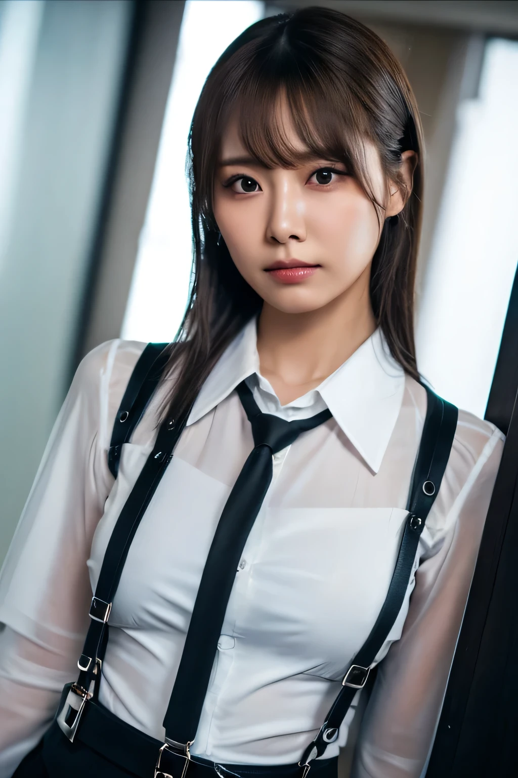 a woman in a suit, belt, hands behind back, sweating, suspenders, black pants, sexly, large breasts, see-through clothing, rain, detective, office worker, white button-up shirt, (best quality,4K,8k,highres,masterpiece:1.2),ultra-detailed,(realistic,photorealistic,photo-realistic:1.37),hyper-detailed,highly detailed face and body, Slender　thin　suspenders　Moderate breasts　See-through shirt　Nipples　holster　chain　Pistol　Armament　criminal　Female criminal　knife　japanese　profile　Japanese women　arrested handcuff　belt
