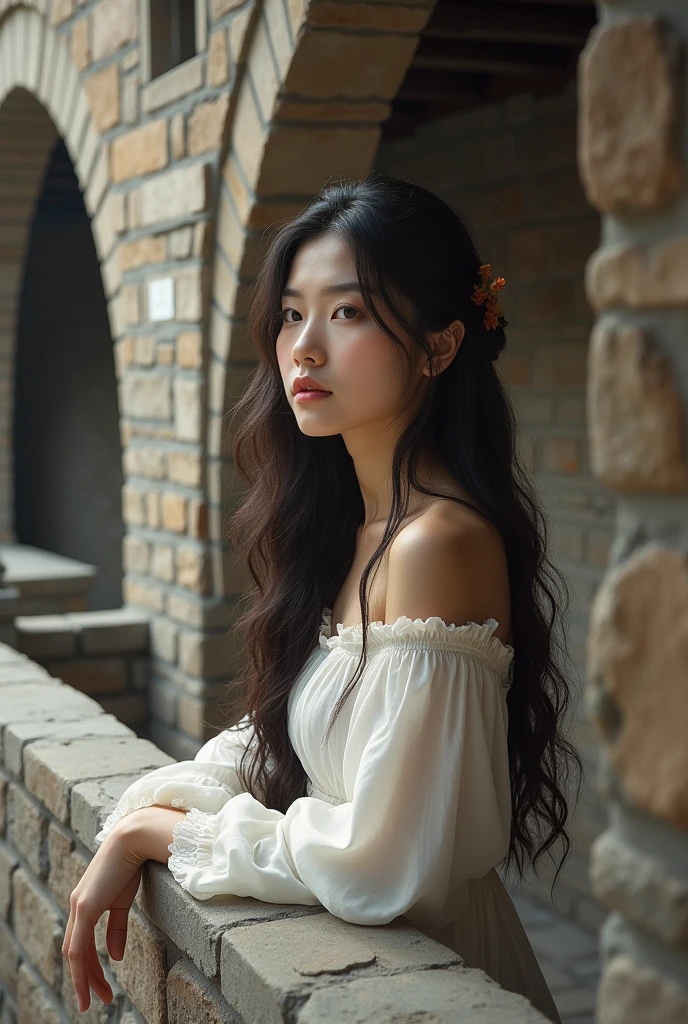 “A beautiful korean woman with long, wavy hair leaning on a stone railing in front of an ancient stone building with archways. The setting should have detailed stonework and a rustic, historical ambiance, akin to medieval or old architecture. The person should be dressed casually, blending naturally with the background.