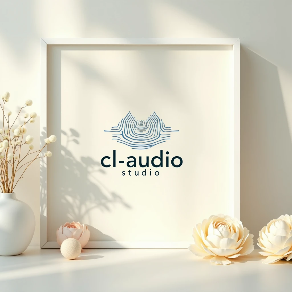 A serene, high-resolution, professional photograph showcasing the "CL-Audio STUDIO" Logo, centered within a square frame, set against a soft, creamy white background that complements the calming atmosphere, with subtle, warm lighting that accentuates the logo's details, featuring a intricate, hand-drawn design with gentle Sound waves and soothing patterns, rendered in a palette of calming blues and whites, with bold, modern typography that reads "CL-Audio STUDIO" in a clean, with the logo's shapes and lines harmoniously balanced to evoke a sense of tranquility, and the overall composition carefully crafted to create a sense of depth and visual interest.