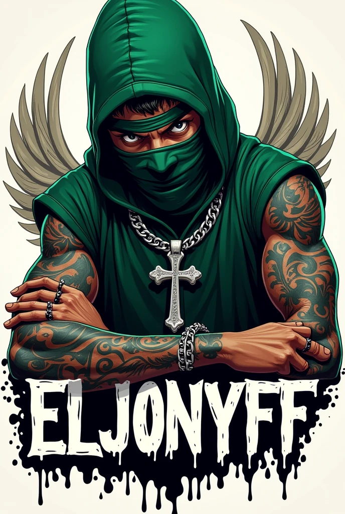 Create me a logo of a teenage rapper with a green balaclava with a black shirt sneaking with his hands a silver chain with a cross pendant on his neck and tattoos on his arms with wings with blood on the back of an angel and that below says ElJONYFF in capital letters 

