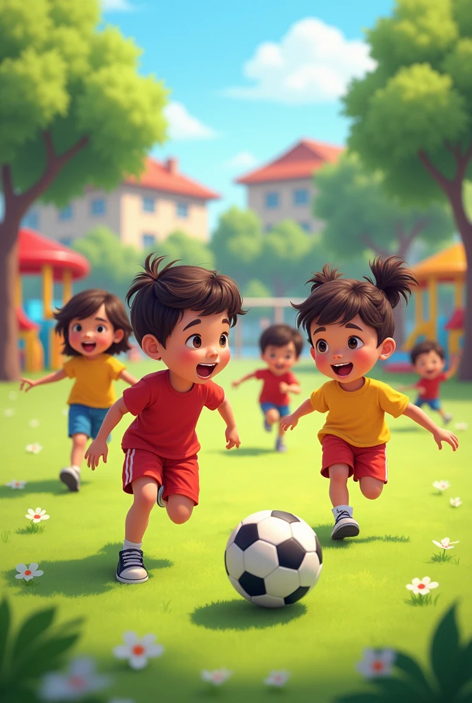 A cute are playing with football in the playground.