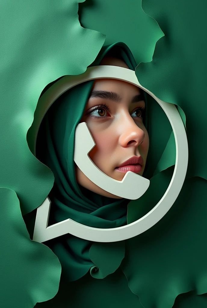 photo of a WhatsApp logo, with a hijab woman's face inside the logo. Green paper background. The photo looks real 8k.