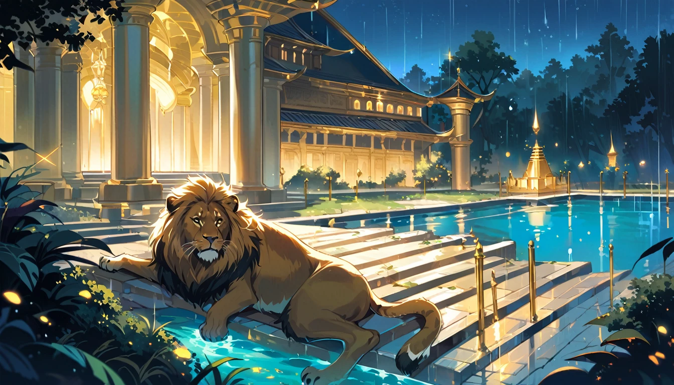 24k, best image, a((live lion)), masterpiece, on the lawn, near the temple, a golden staircase, ((a grand mystical temple, of white ivory with gold)), red detail doorposts, tall white porcelain columns with gold, elven style temple, beautiful lawn, trees around, a swimming pool, egyptian style, raindrops in the pool, dark blue sky, full moon, drizzle, light rain
