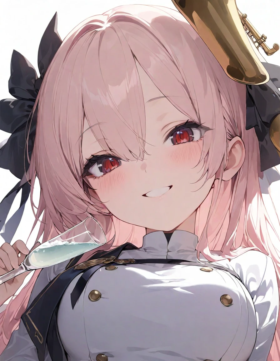 (musterpiece), (best quality), (score_9, score_8_up, score_7_up), very detailed eyes, expressive eyes, perfect face, very detailed face, highly detailed face, beautiful girl, 8K, beautiful girl, (white background:1.3), delicate and beautiful face and eyes, dark intense shadow, 1 girl, solo, vtuber style, cool girl, 1 Girl, trumpet, Uniforms, White background, Upper Body, Red Eyes, Pink Eyes, Looking at the audience, Long hair,draft style, sitting, look up, smile, blush, tipsy, one hand holding a Sake glass, from below, pov chest,
