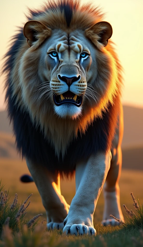 Generate an ultra realistic 8k image of a big strong blue-eyed lion