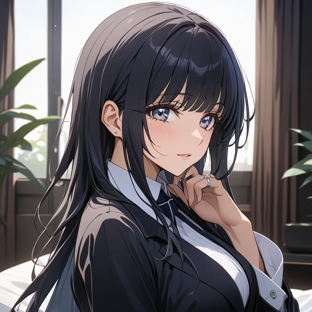 ((Highest quality)), ((masterpiece)), (detailed), (Perfect Face)、、The woman is Reika Aoki, the wife of a mafia boss, with medium-long hair and an engagement ring.