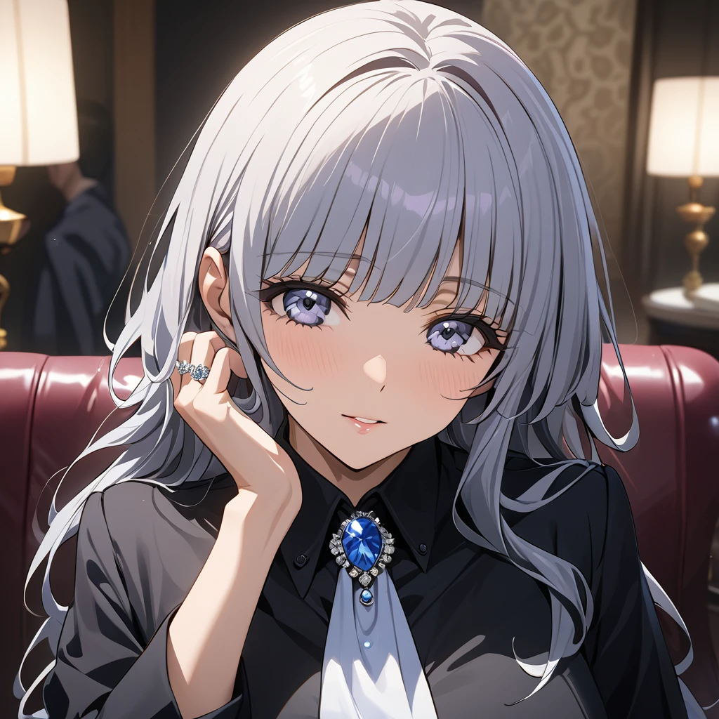 ((Highest quality)), ((masterpiece)), (detailed), （Perfect Face）、、The woman is Reika Aoki, the wife of a mafia boss, with medium-long hair and an engagement ring.