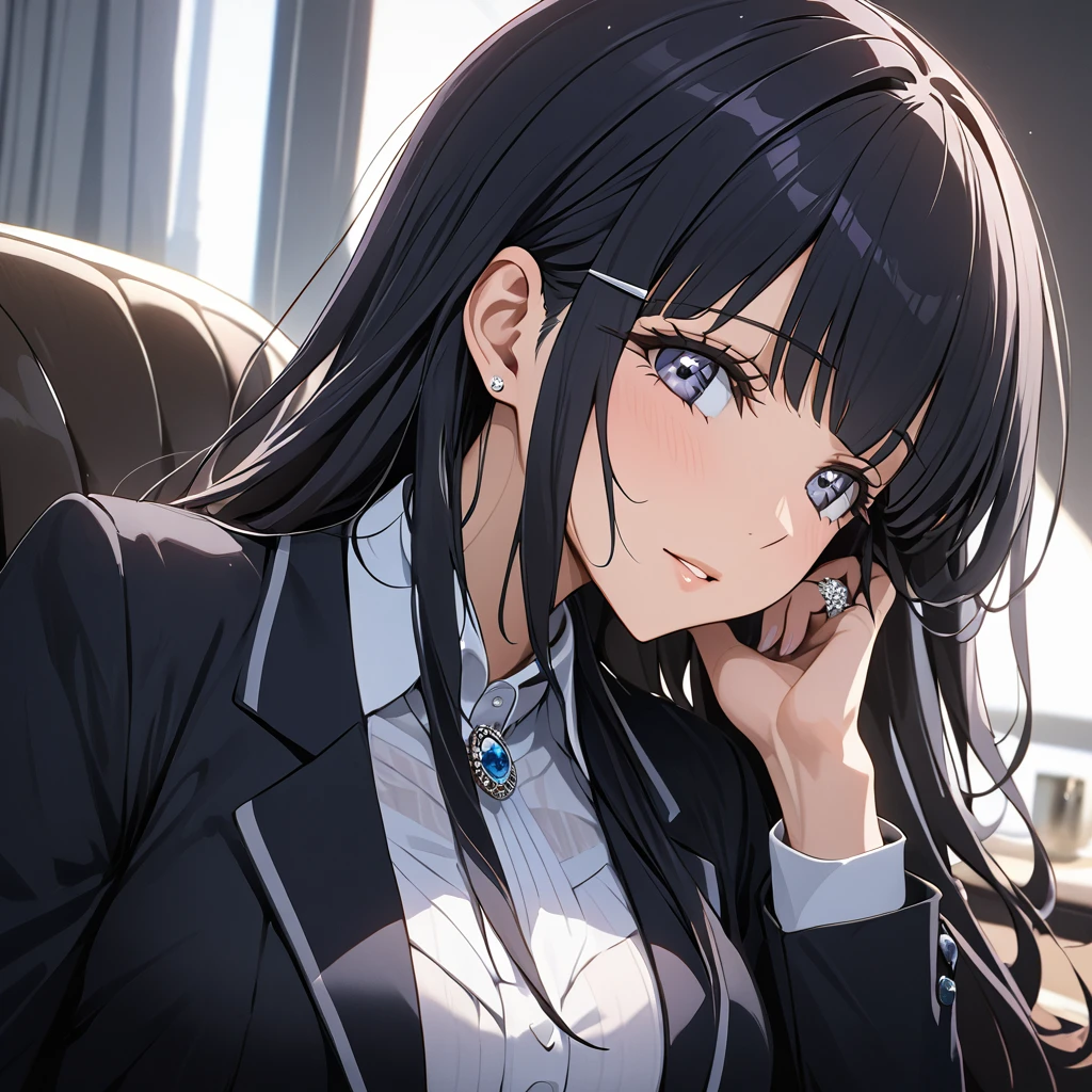 ((Highest quality)), ((masterpiece)), (detailed), (Perfect Face)、、The woman is Reika Aoki, the wife of a mafia boss, with medium-long hair and an engagement ring.