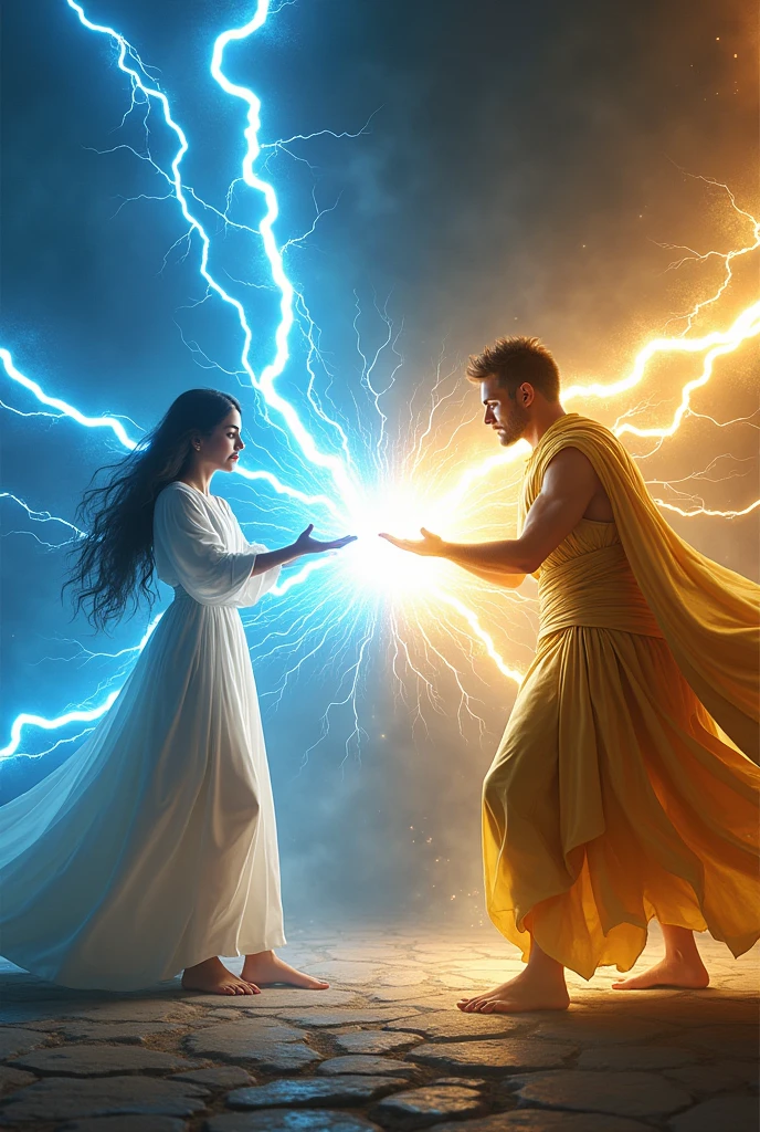 A lady and a man shooting thunder out of their hands and trying to hurt and shock each other from  8 meters away fro. Each other and the lady will be shooting blue thunder and the man will be shooting golden thunder
With straight arm facing each other and both of them are protecting themselves the lady will be wearing a white dress and the man will be wearing a ancient golden clothing the man will be having hort hair like flicks
