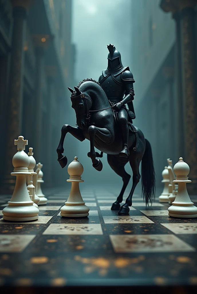 3 white pawns vs 1 black knight on chessboard easethetic/epic 4x5 poster. Focus on the knight.