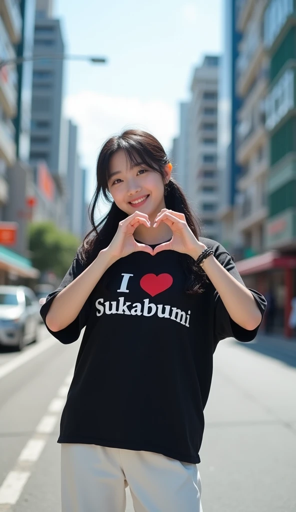 Hyper realistic photography, a beautiful korean girl, "Twintails black hair", was standing on the side of the road, both hands form love, wearing a black oversize t-shirt with writing "I love Sukabumi", wearing white pants, wearing white compass shoes, happy smiling, wearing a bracelet, street background, buildings, many, realistic highly detailed objects, looks real and clear, bright background not blur, natural 3D, 8k ultra hd