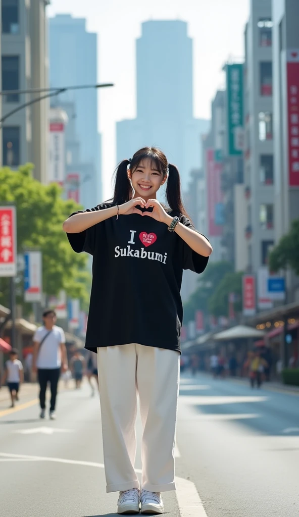 Hyper realistic photography, a beautiful korean girl, "Twintails black hair", was standing on the side of the road, both hands form love, wearing a black oversize t-shirt with writing "I love Sukabumi", wearing white pants, wearing white compass shoes, happy smiling, wearing a bracelet, street background, buildings, many, realistic highly detailed objects, looks real and clear, bright background not blur, natural 3D, 8k ultra hd