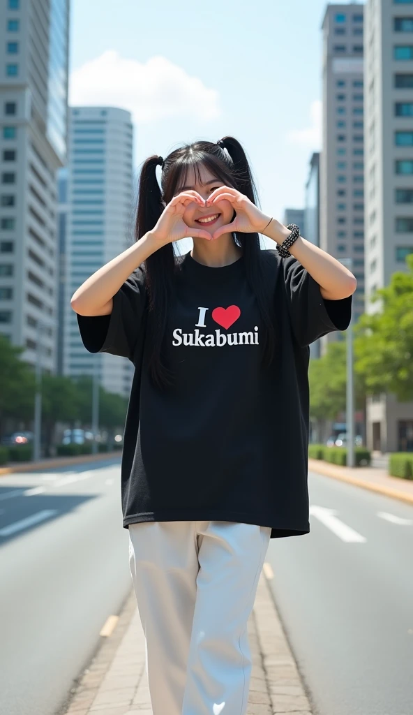 Hyper realistic photography, a beautiful korean girl, "Twintails black hair", was standing on the side of the road, both hands form love, wearing a black oversize t-shirt with writing "I love Sukabumi", wearing white pants, wearing white compass shoes, happy smiling, wearing a bracelet, street background, buildings, many, realistic highly detailed objects, looks real and clear, bright background not blur, natural 3D, 8k ultra hd