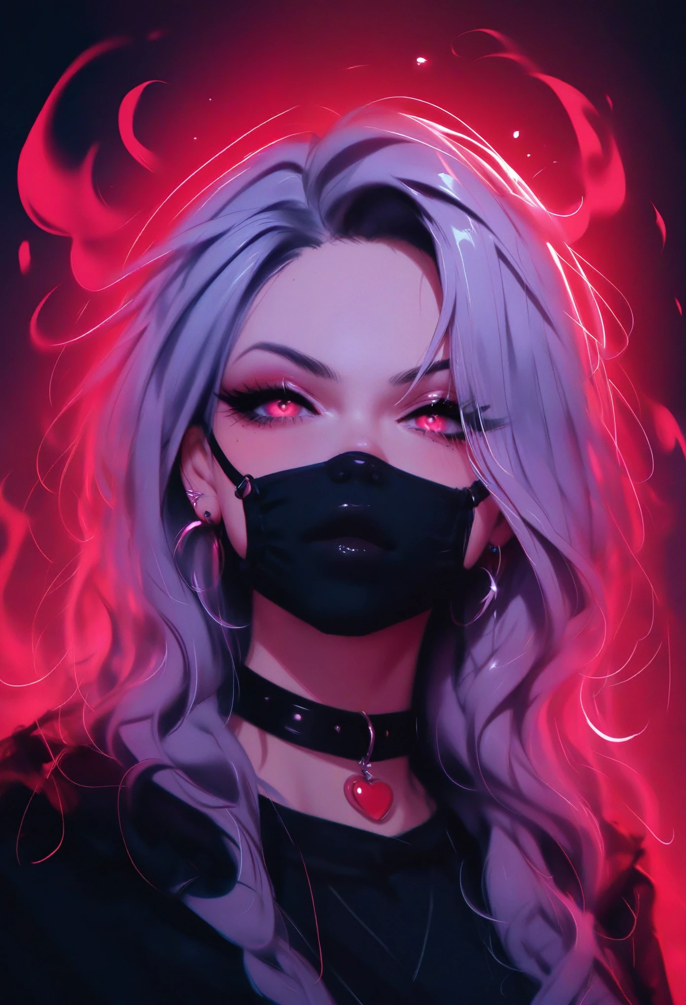 A character with an imposing and energetic appearance, wrapped in intense flames of vibrant colors ranging from orange to purple, creating a feeling of overwhelming power. His hair is white and messy, contrasting with a black mask covering his eyes, giving it an enigmatic and dangerous air. The character wears a dark tunic tied with a ribbon., while his body seems to emanate a fiery energy that distorts into chaotic patterns around him. The lines of fire and energy blend with your figure, highlighting his control over immense forces. The art style is colorful and dynamic, with thick strokes and fluid movements that convey a sense of action and supernatural power