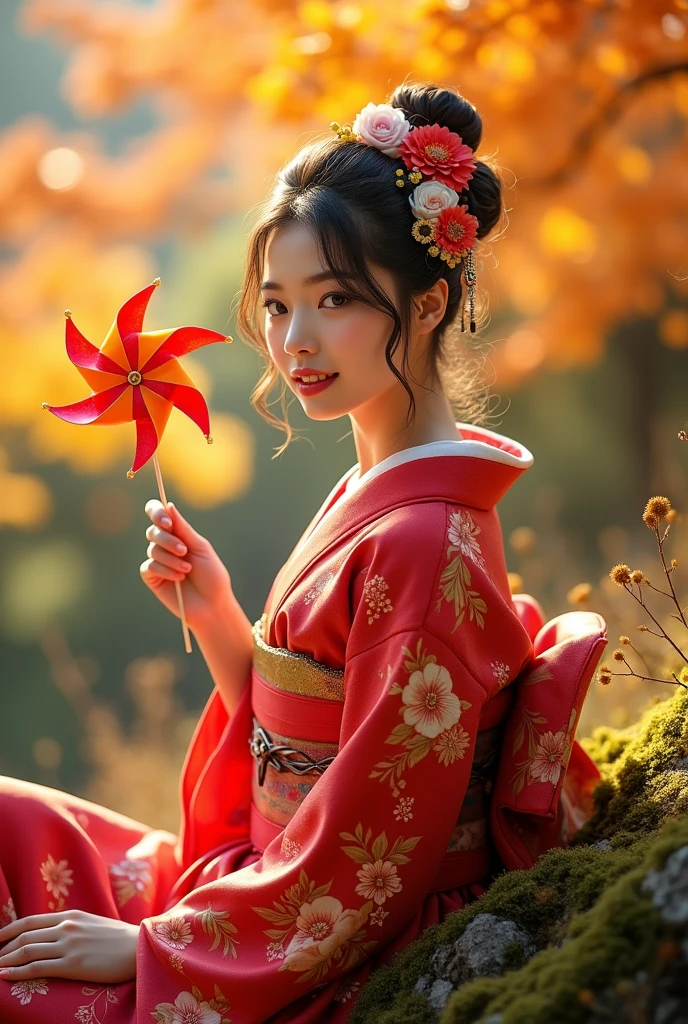 Jennie blackpink ( Jennie Kim), detailed beautiful eyes, detailed beautiful face, detailed beautiful nose, in a vibrant red kimono with floral patterns sits gracefully on a moss-covered rock, surrounded by golden autumn foliage. She holds a colorful pinwheel in one hand, a joyful smile on her face. The scene is bathed in soft, warm sunlight, highlighting the intricate details of her traditional attire and the beauty of the surrounding nature. Her hair is adorned with delicate flowers, adding a touch of elegance. The overall mood is light and cheerful, celebrating the beauty of Japanese culture and the autumn season