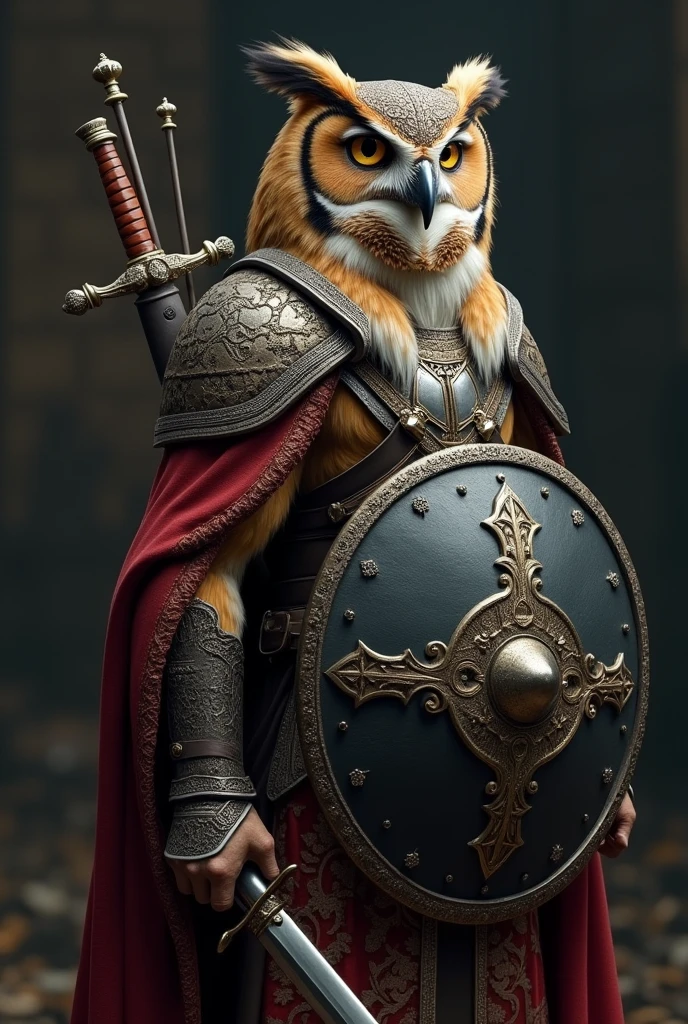 The image shows an owl dressed as an Arab warrior., (((Wearing the hat of an Arab fighter))), ((( And in his hand the Damascus sword))), Facing right with head tilted slightly upwards. He wears detailed armor resembling traditional Arab armor., Complete with intricate designs and patterns.. The shields are primarily black with silver accents., Adding visual depth., His eyes focused on something in the distance.. Sheathed sword on the back of the owl, indicating readiness for battle or a celebratory posture., Create a dramatic and intense atmosphere., Retina, precise, Masterpiece, Superior detail, High detail, Best quality, Award winning, High accuracy, High resolution, 4K, 8 k, 16 kg, Retina, precise, Masterpiece, Anatomically correct, Textured leather, Superior detail, High quality, Award winning, High accuracy, 8 k, 16 kg