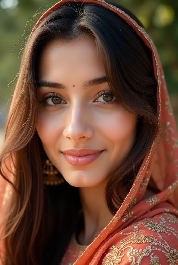 Long brown hairs , healthy figure with 5.00 feet height she is 20 yearrs old , light brown skin tone , sharp nose wearing shalwarkameez , she is pakistani and also wore dupatta on head and only give face pic and big light brown eyes shiny and also round face