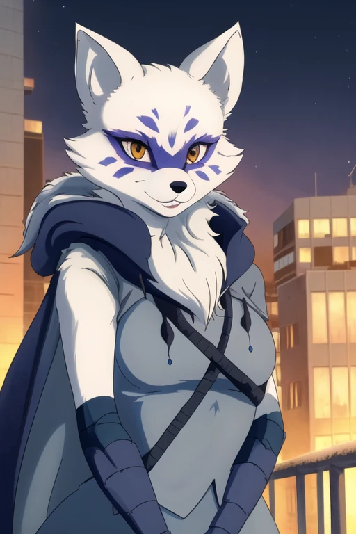 Alopex, arctic fox, furry, blue marks face, tmnt, smile, orange eyes, girl1, solo, city, cape, cloak, shaded bandage, best quality, masterpiece 