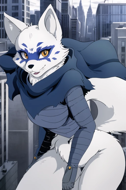 Alopex, arctic fox, furry, blue marks face, tmnt, smile, orange eyes, girl1, solo, city, cape, cloak, shaded bandage, best quality, masterpiece 