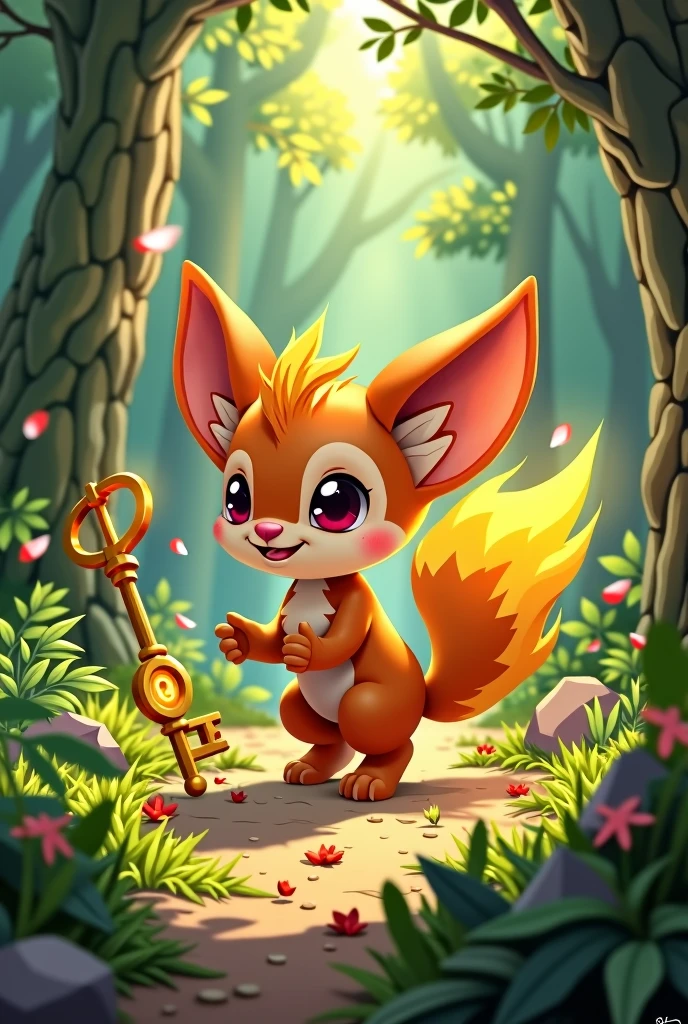 **Perry's Big Adventure**
In a cozy corner of the forest, lived Pyre, a small animal with big ears and a flaming tail. The duo loved exploring and discovering new things. One sunny morning, he finds a shiny, golden key hidden under a pile of leaves.