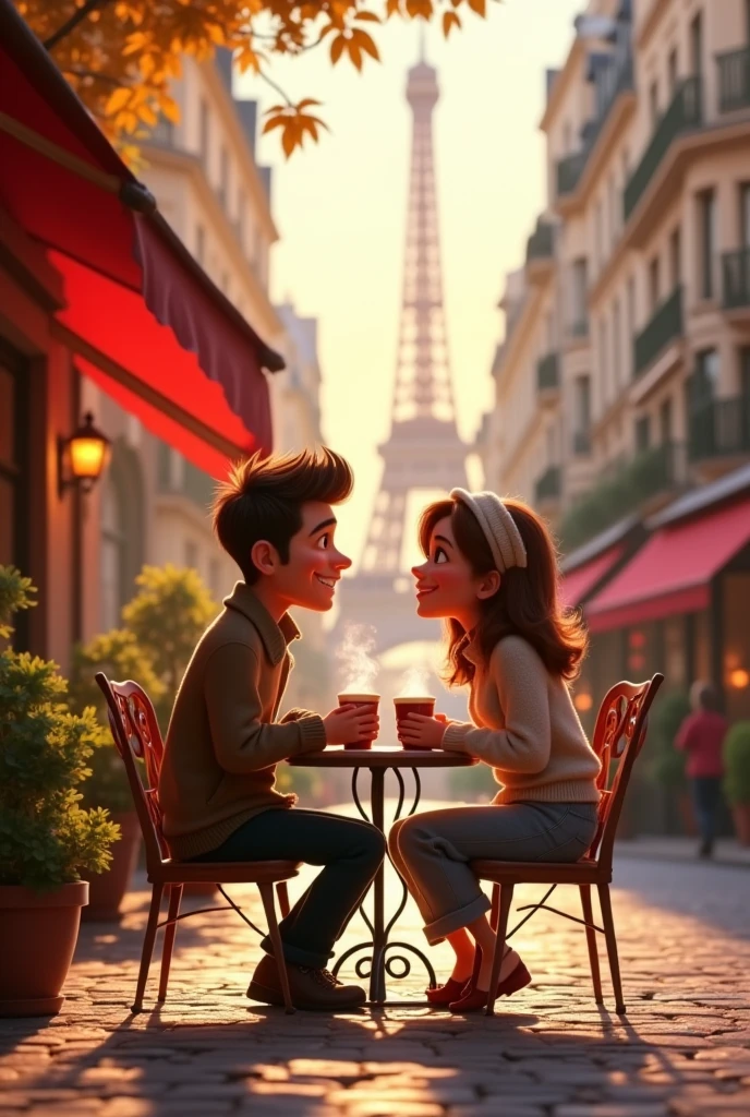 casal feliz , having a romantic coffee on the streets of Paris, Pixar-style