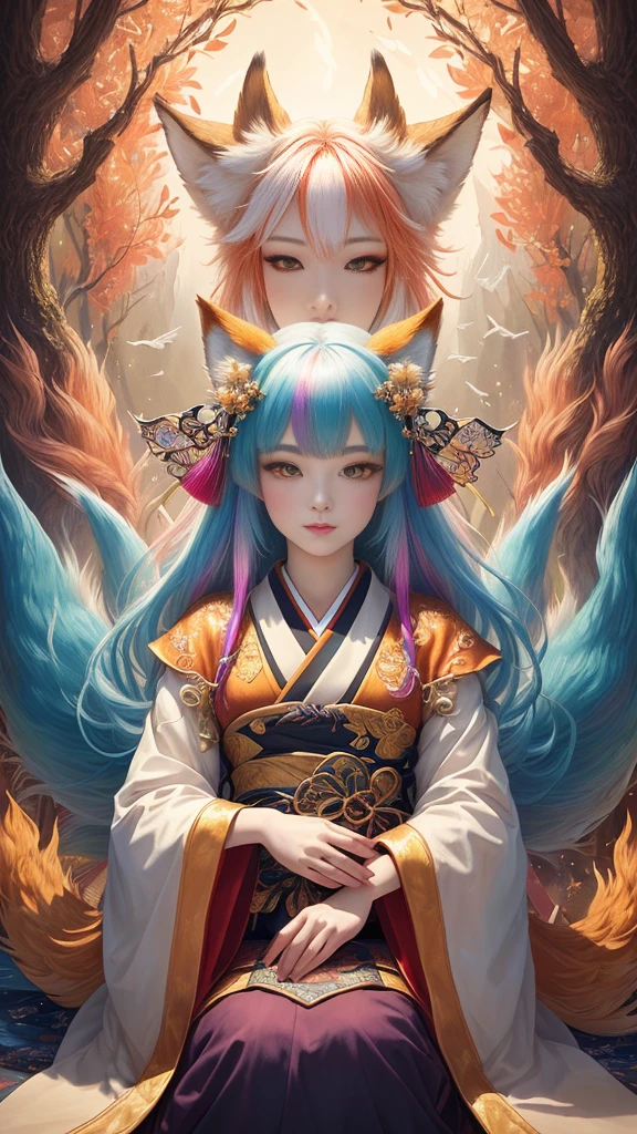 masterpiece , best quality, Close-up, masterpiece, beautiful details, colorful, delicate details, delicate lips, intricate details, genuine, ultrargenuineista, Girl with multicolored haired fox sitting on a branch:cute, light makeup, ,Colorful Fox, raposa de nine tails, Three tails fox, Three tails fox, onmyoji detailed art, beautiful fine art illustration, mythical creatures, Fox, beautiful digital art,shrine maiden,japanese architecture,hold hands,exquisite digital illustration, mizutsune, Inspired by mythical wild web creatures, pixiv in digital art, shining light, high contrast, Mysterious,Girl with multicolored haired fox sitting on a branch,front,looking at the camera