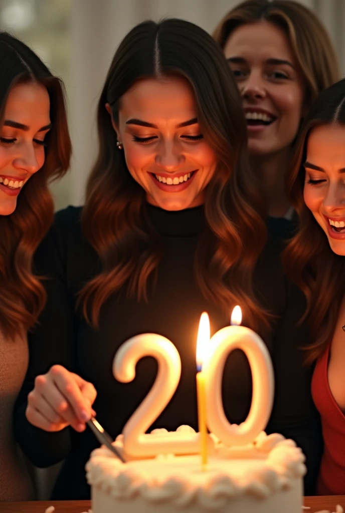 The along women celebrate his birthday along and his cutting a cake with small knife and his face full of happiness . On the cake 20 letter number candle and his waring a black dress with full sleeve hand and covered neck