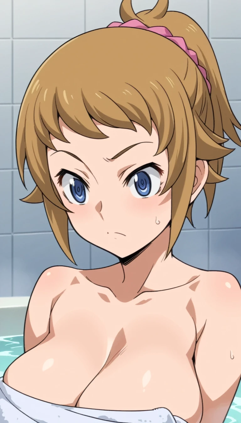 Score 9, Score 8 up, Score 7 up, The evaluation is questionable,
Detailed Background, Glowing Skin,fumina hoshino, hoshino fumina, Blue eyes, brown hair, ponytail, scrunchie, Huge breasts,wrap a towel around body and head, bath room