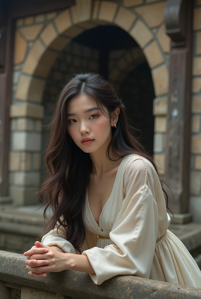 “A beautiful korean woman with long, wavy hair leaning on a stone railing in front of an ancient stone building with archways. The setting should have detailed stonework and a rustic, historical ambiance, akin to medieval or old architecture. The person should be dressed casually, blending naturally with the background.
