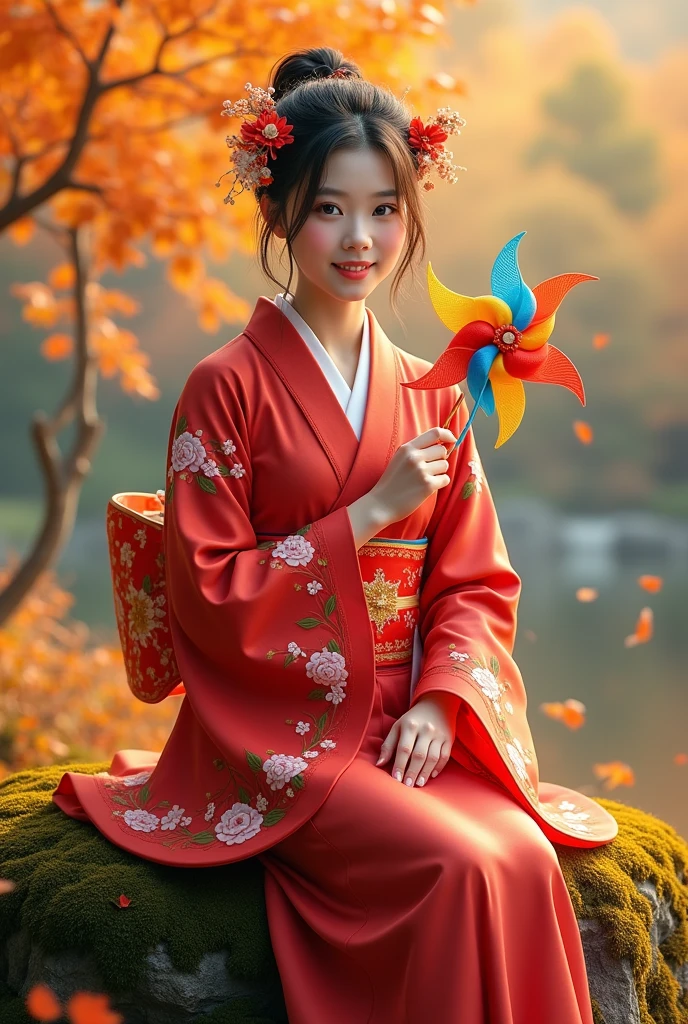 Jennie blackpink ( Jennie Kim), detailed beautiful eyes, detailed beautiful face, detailed beautiful nose, in a vibrant red kimono with floral patterns sits gracefully on a moss-covered rock, surrounded by golden autumn foliage. She holds a colorful pinwheel in one hand, a joyful smile on her face. The scene is bathed in soft, warm sunlight, highlighting the intricate details of her traditional attire and the beauty of the surrounding nature. Her hair is adorned with delicate flowers, adding a touch of elegance. The overall mood is light and cheerful, celebrating the beauty of Japanese culture and the autumn season