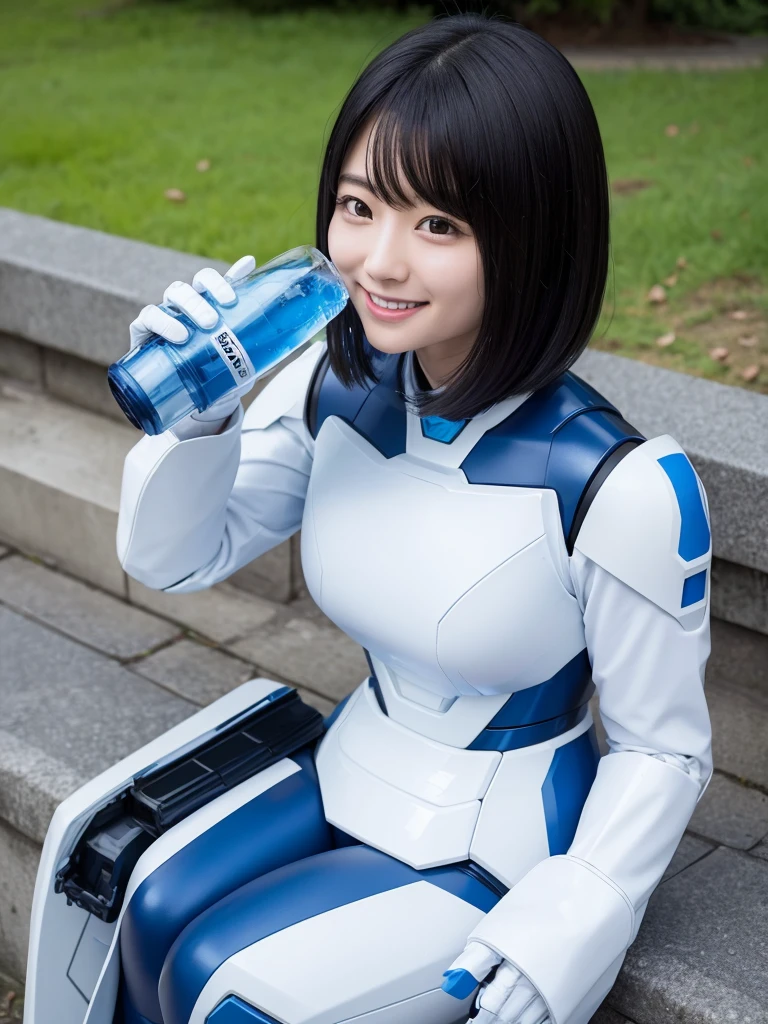 Japanese female android,Black Hair,White and blue robot suit,Plump,Drinking water from a water bottle in the park,smile