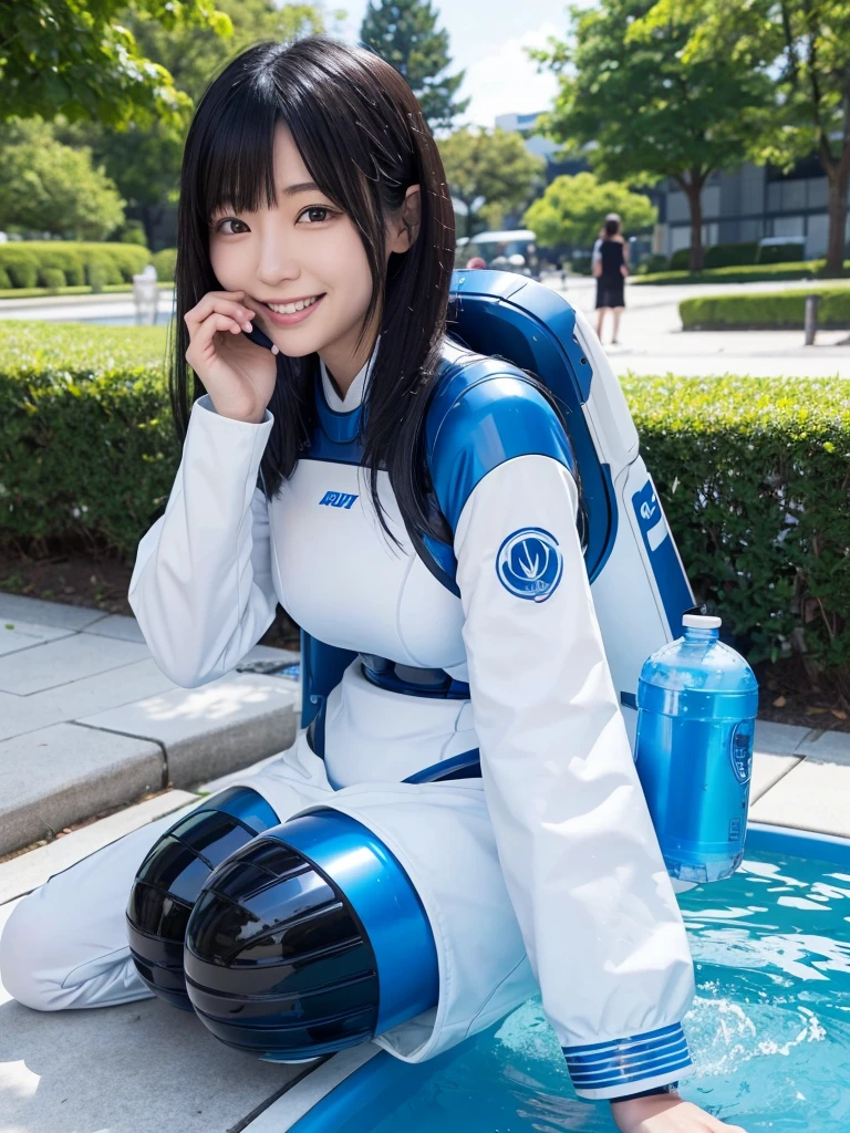 Japanese female android,Black Hair,White and blue robot suit,Plump,Drinking water from a water bottle in the park,smile