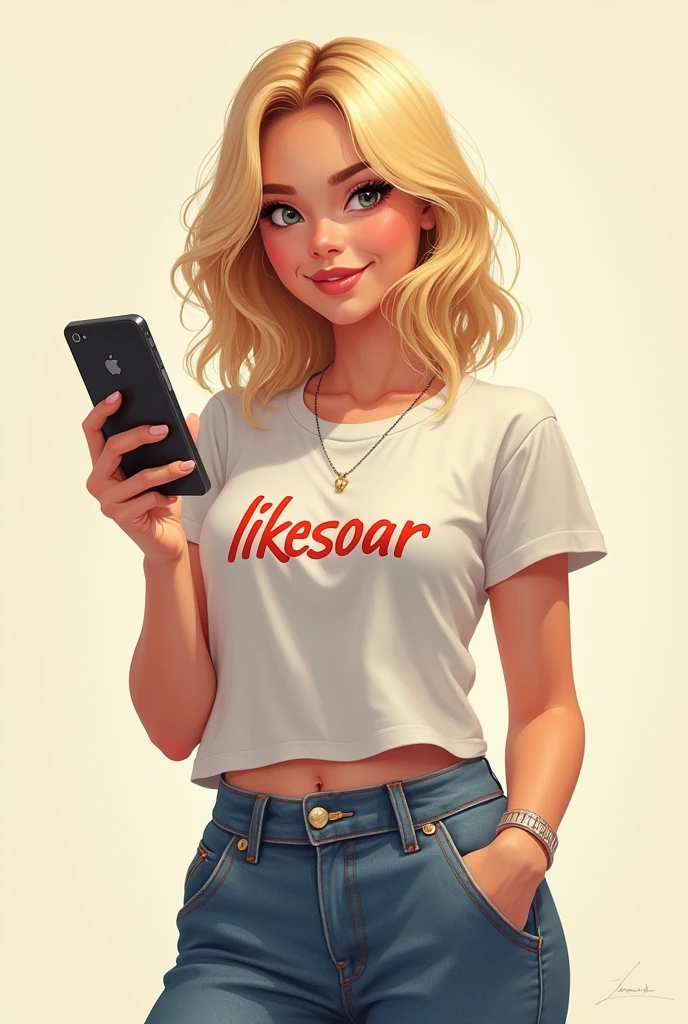 female character with phone in hand and LikeSoar written on her t-shirt, blonde hair, green t-shirt
600x400 pixel