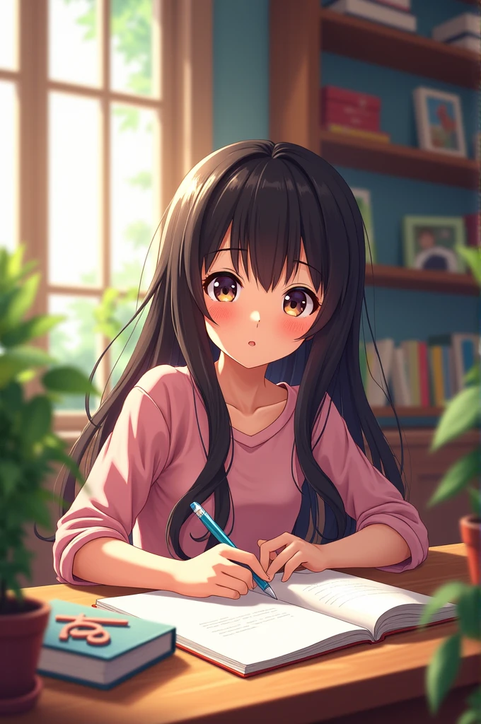 A beautiful girl studying in her study room in anime style
