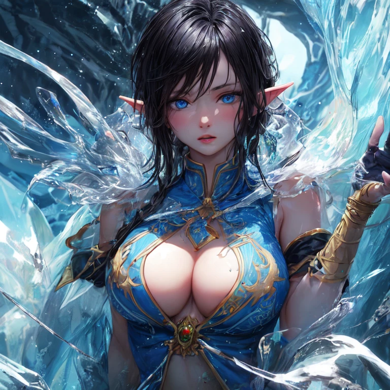 blue-skinned water element elf beautiful, with black hair, blue eyes and big breasts on the background of an ice cave UHD, textured skin, super detail, high detail, high quality,
