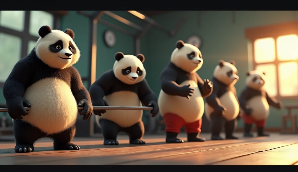 A 3d animated movie shot. Pandu, a young panda, Pandu is shown gradually becoming fitter as he continues to attend the gym daily. In the first frame, Pandu is depicted struggling but determined, with a bit of sweat and effort visible. In subsequent frames, show Pandu progressively improving: lifting weights with more ease, running on a treadmill, and flexing his muscles with a proud smile. His body gradually becomes more toned and fit. The gym setting remains consistent, with Gondi Bhai occasionally encouraging him and offering support. The overall tone should be motivational and uplifting, illustrating Pandu’s journey to becoming fit.