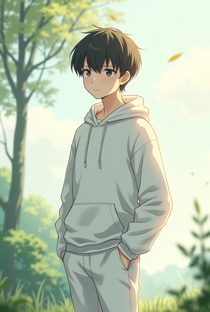 A boy in white hoodie with white pant anime teenager
