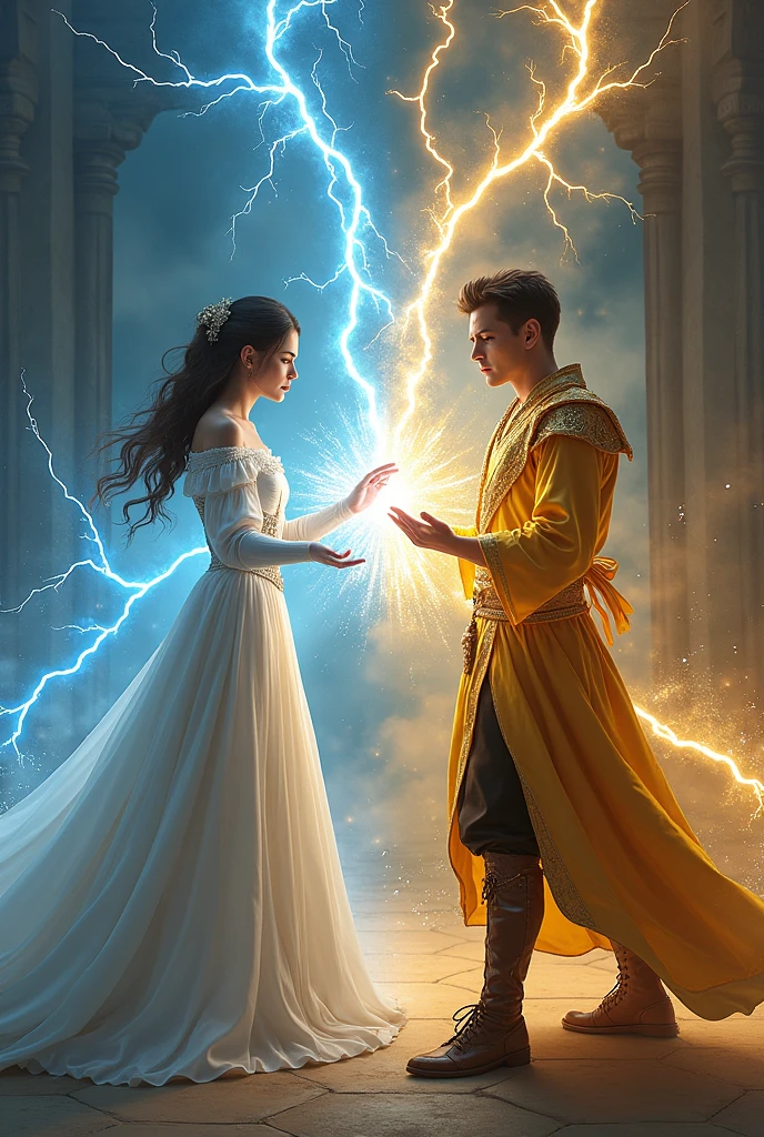 A lady and a man shooting thunder out of their hands and trying to hurt and shock each other from  8 meters away fro. Each other and the lady will be shooting blue thunder and the man will be shooting golden thunder
With straight arm facing each other and both of them are protecting themselves the lady will be wearing a white dress and the man will be wearing a ancient golden clothing the man will be having hort hair like flicks and both of them are british so they are white
