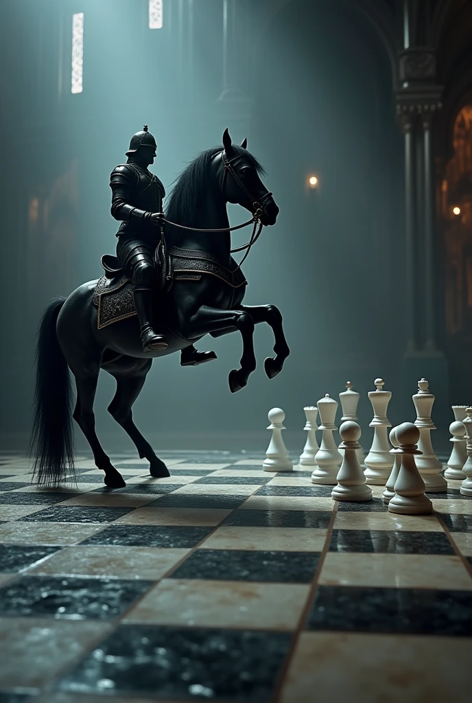 3 white pawns vs 1 black knight on chessboard easethetic/epic 4x5 poster. Focus on the knight.