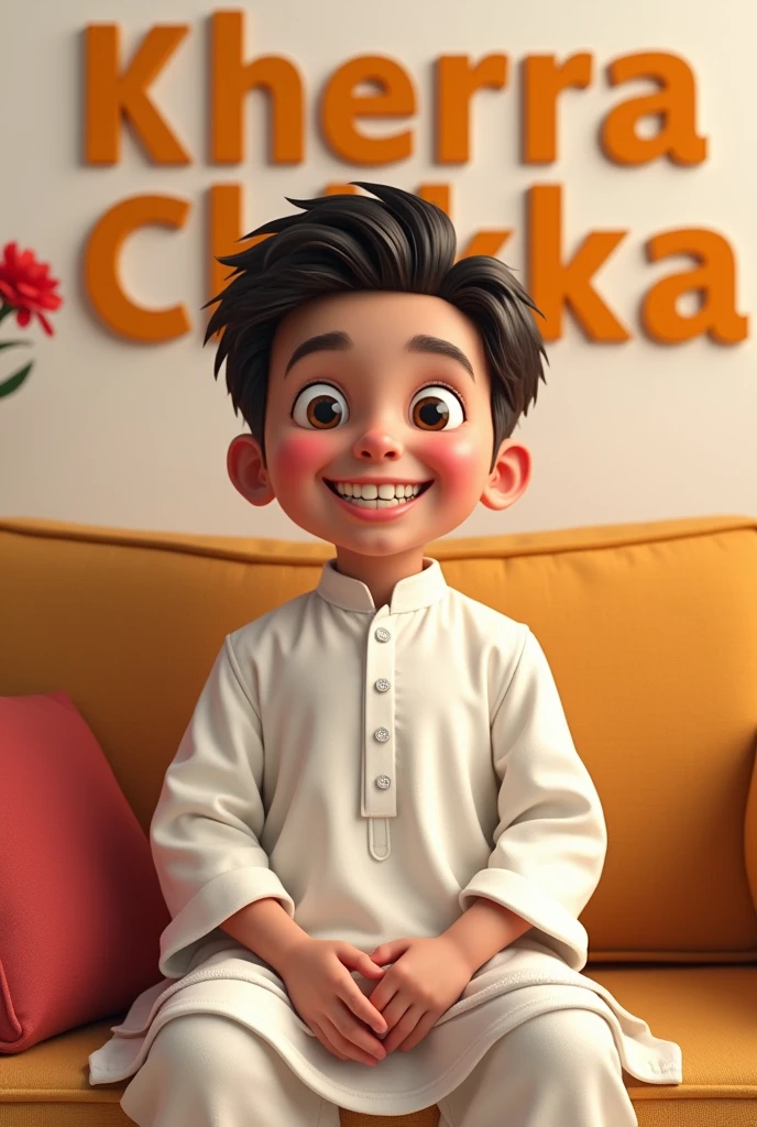 boy wearing kurta pajama white colour and setting on a sofa and smiling and too much too much gaps in him teeths and write Kherra and chikka in big letters