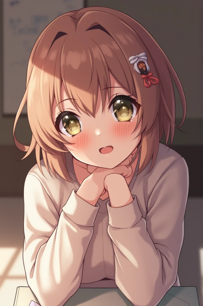 lolli, cute anime toddlers, beige hair, golden eyes, girl with golden eyes, short hair, braided hair on the right side, messy hair, blushing, smile, open mouth, only wearing black sweater, wink eyes, in bedroom, affectionate face, small fanged one