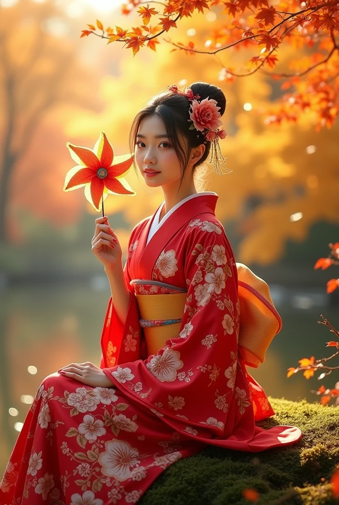 Jennie blackpink ( Jennie Kim),  detailed beautiful eyes, detailed beautiful face, detailed beautiful nose, in a vibrant red kimono with floral patterns sits gracefully on a moss-covered rock, surrounded by golden autumn foliage. She holds a colorful pinwheel in one hand, a joyful smile on her face. The scene is bathed in soft, warm sunlight, highlighting the intricate details of her traditional attire and the beauty of the surrounding nature. Her hair is adorned with delicate flowers, adding a touch of elegance. The overall mood is light and cheerful, celebrating the beauty of Japanese culture and the autumn season