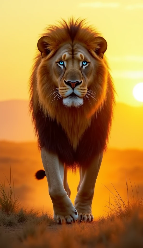 A mesmerizing 8K ultra-realistic video unfolds, showcasing a majestic, towering blue-eyed lion, bathed in the golden hues of the setting sun. The lion, with piercing blue eyes, strides confidently across a vast, golden savannah, its mane flowing in the wind like a regal cape. The video captures the lion's regal presence and raw power, transporting the viewer to the heart of the African wilderness, where the sun sets over the horizon, casting long shadows and painting the landscape with hues of gold and orange. The video is a testament to the beauty and majesty of nature, and the lion, in all its glory, stands as a symbol of power and grace.