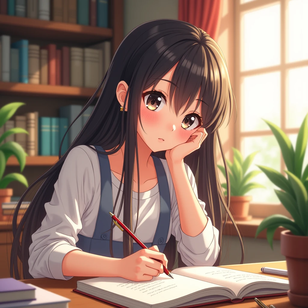 A beautiful girl studying in her study room in anime style