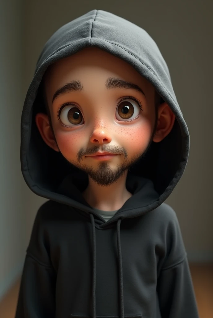 A small beard bald boy big nose with black hoody telling stories
