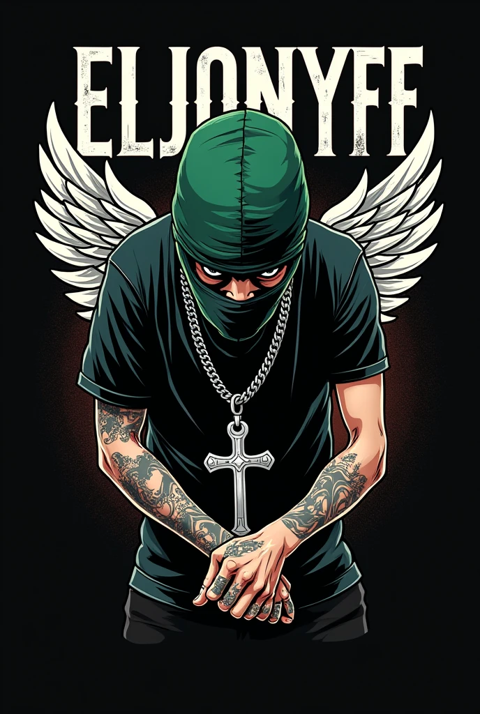 Create me a logo of a teenage rapper with a green balaclava with a black shirt sneaking with his hands a silver chain with a cross pendant on his neck and tattoos on his arms with hurt wings on the back of an angel and that below says ElJONYFF in capital letters