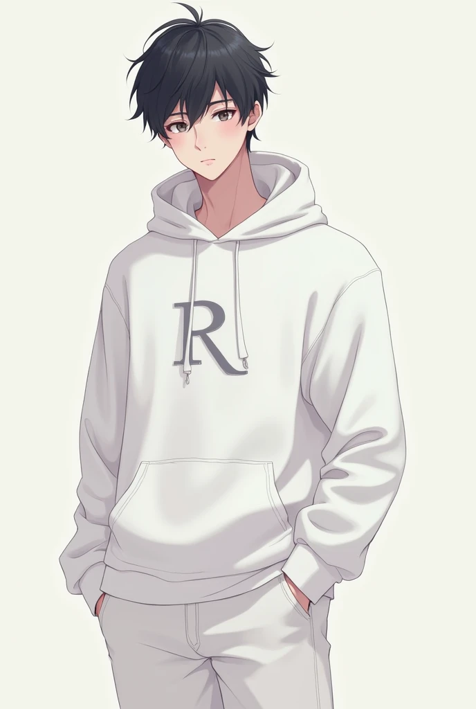 A boy in white hoodie with white pant anime teenager written r in hoodie