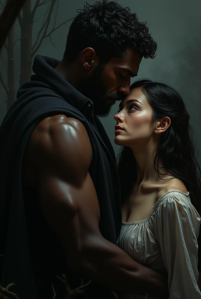 An hot art of  dark man and and girl  and dark surroundings