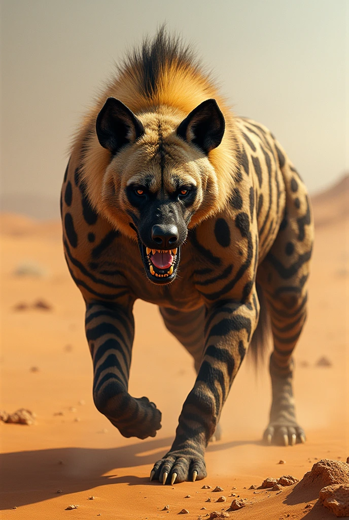 A large desert animal somewhat resembling a hyena, in black and brown stripes